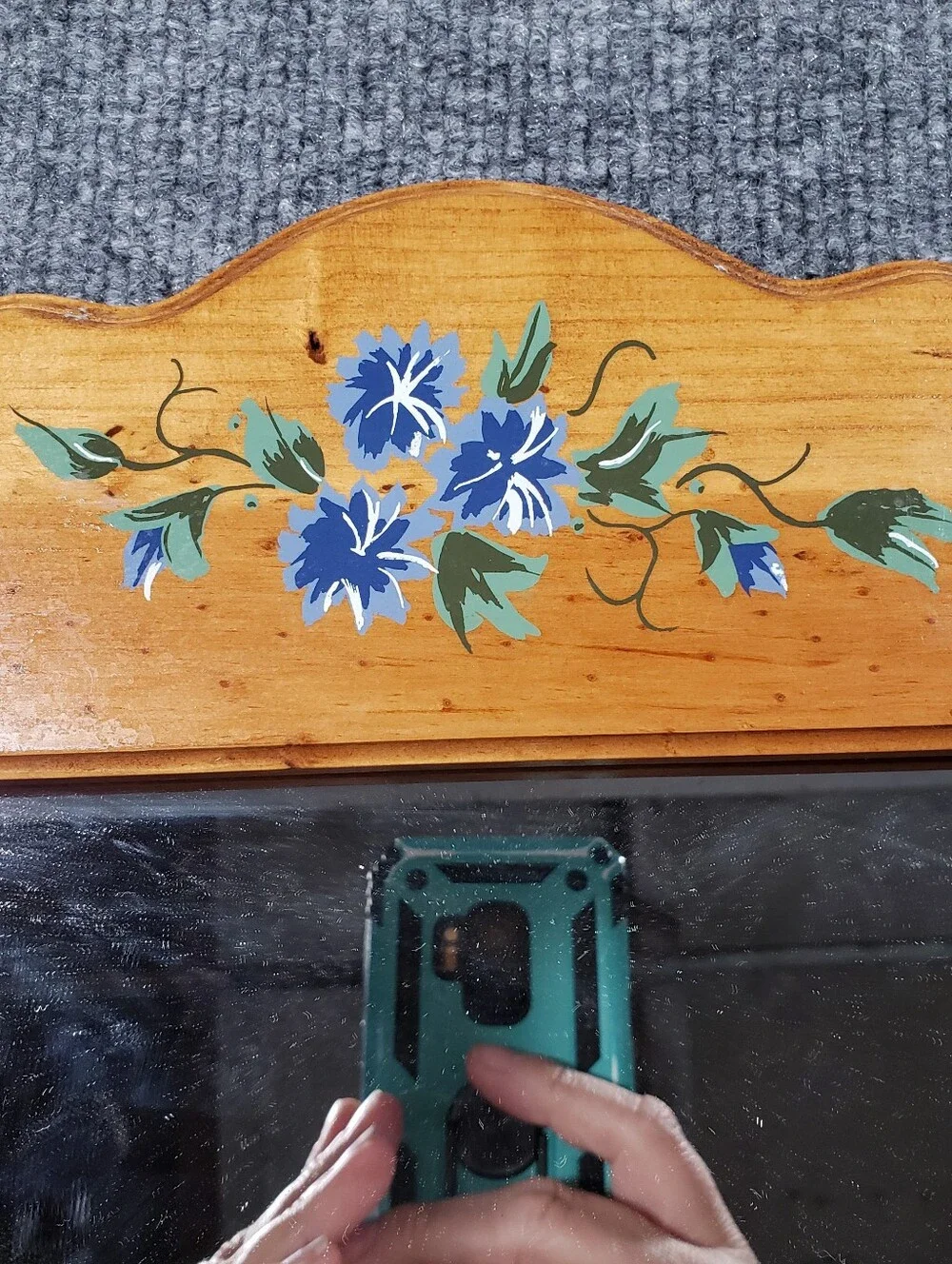 Blue Floral Wooden Framed Mirror Painted Flowers Wall Mount Vintage